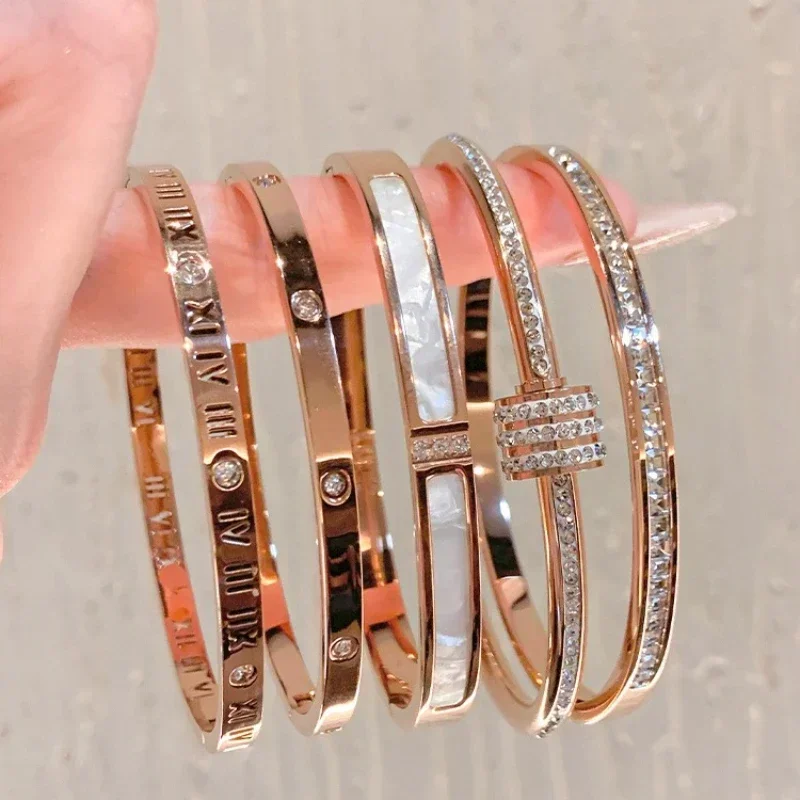 Titanium Steel Rose Gold Color Bangles for Women Girls Trend Waterproof Jewelry Luxury Sparkling Zircon Bracelet Bangle 3