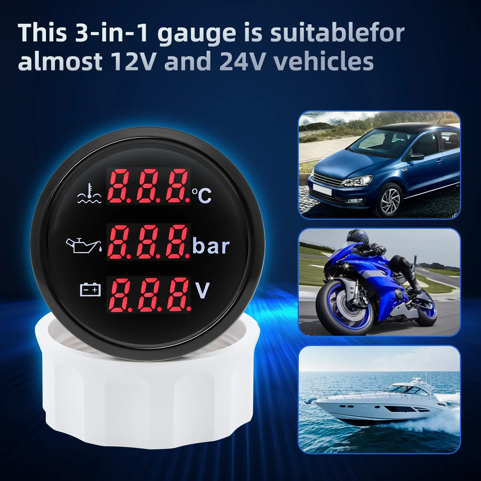 Auto Car 3 IN 1 52mm Gauge Water Temperature+Oil Pressure+Volt with Alarm Red LED Digital Water Temp Gauge+Sensor 12V24V Custom automobile gauge temperature sensor digital temperature gauge water temperature gauge