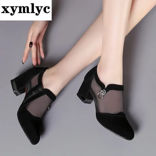 Summer Women High Heel Shoes Mesh Breathable Pumps Zip Pointed Toe Thick Heels Fashion Female Dress Shoes Elegant Footwear 3