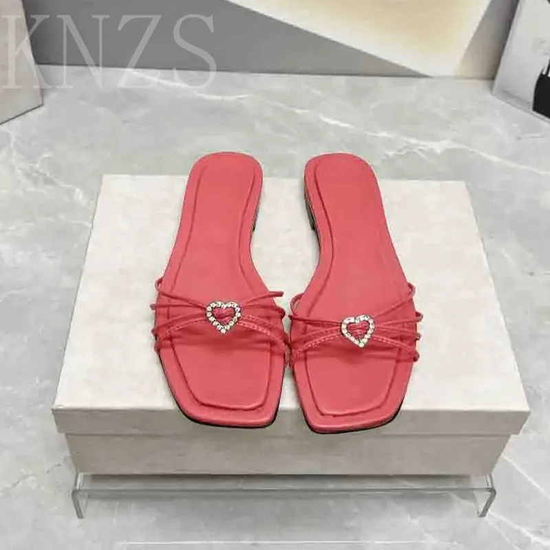 

Summer New Square Toe Fashion Rhinestones Decor Women Slippers Concise Genuine Leather Narrow Band Casual Flat Beach Shoes 2024