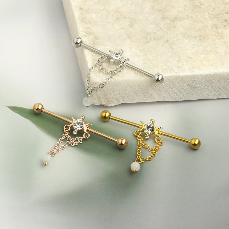 14G stainless Steel Straight Bar Body Piercing Jewelry Barbell Parts 38mm Bar Length dangle chain industrial earrings for women