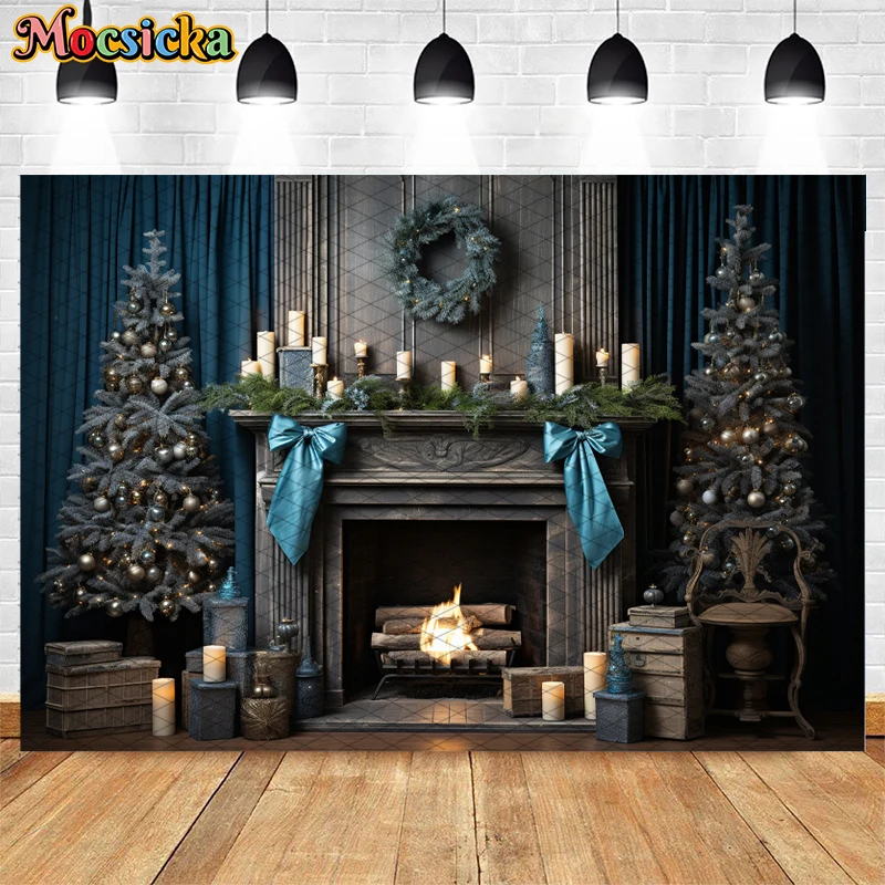 Merry Christmas Backdrop 180x120cm Fireplace & Tree Blue Ball Photo Background - Golden Bell Modern Wall Studio Photo Booth Prop Vinyl