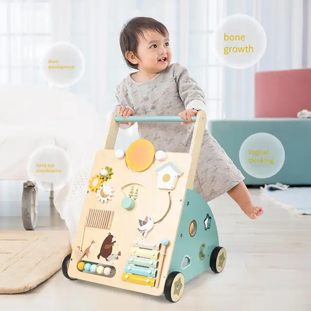 Wooden Baby Walker Push Toy Learning Walking Assistant First Steps Helper with Activity Blocks Natural Wood Toddler Walking 4