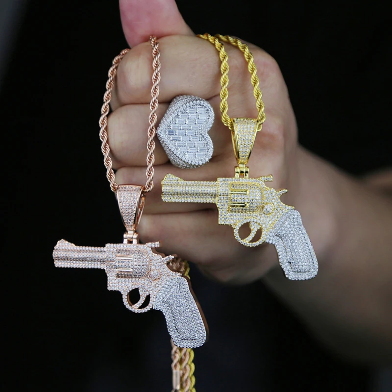 Iced Out Bling Hip Hop CZ Revolver Gun Pendant Necklace Gold Color