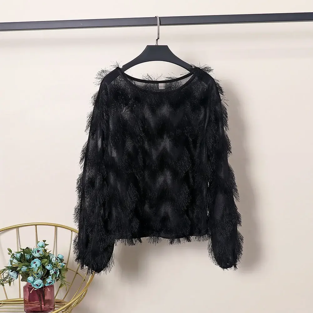 블라우스 여성 가을 ??웨이브 모양 모피 술 긴 소매 풀오버 탑 여성 Blusas Ropa De Mujer