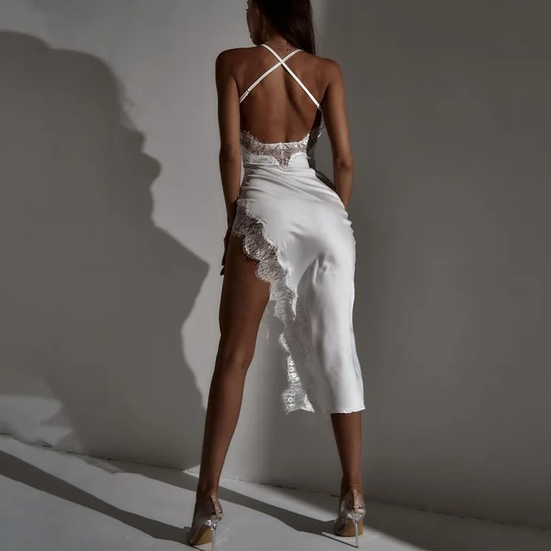 Fashion Spring Sexy Women's Summer Suspender Square Neck Solid Color Dress New Elegant Lace Backless Slim Split Halter Dress