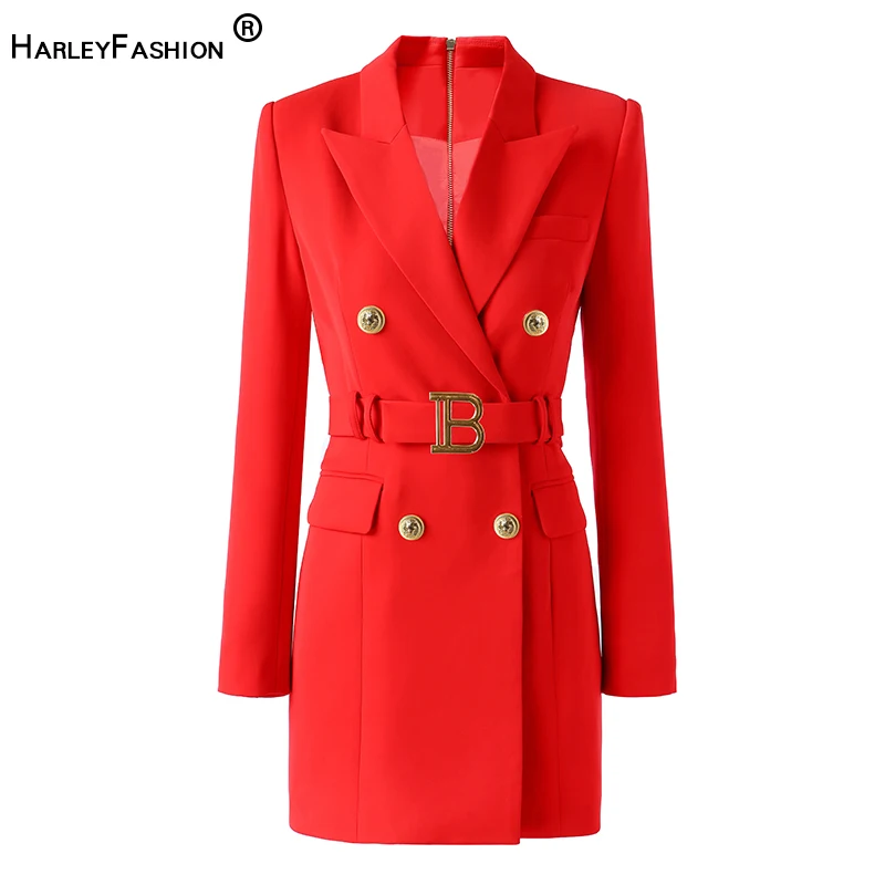 

HarleyFashion Quality Women Red Blazer Dress with Belt Double Breasted Buttons Chic For Party