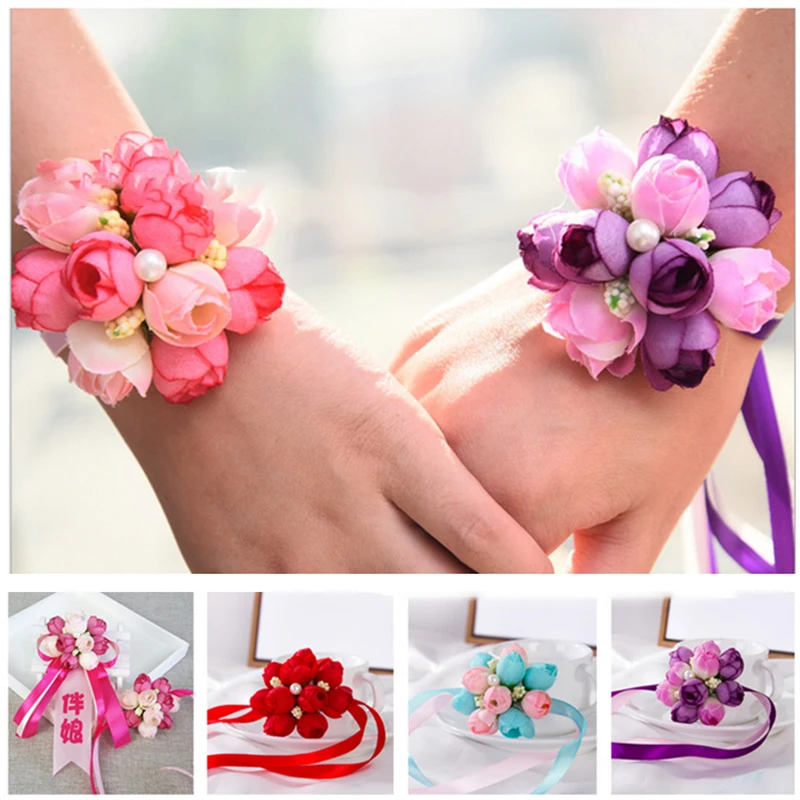 Wedding Decoration Rose Wrist Corsages Hand Flower Bridesmaid Silk Flower Bracelet Wedding Bridal Wrist Flower Accessories