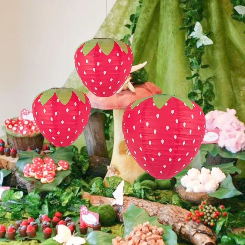 Description Picture 3 of item3D Pink Strawberry Lantern Shaped DIY Handheld Paper Lantern Kids Party Decoration Happy Sweet Birthday Parti Decor Lantern