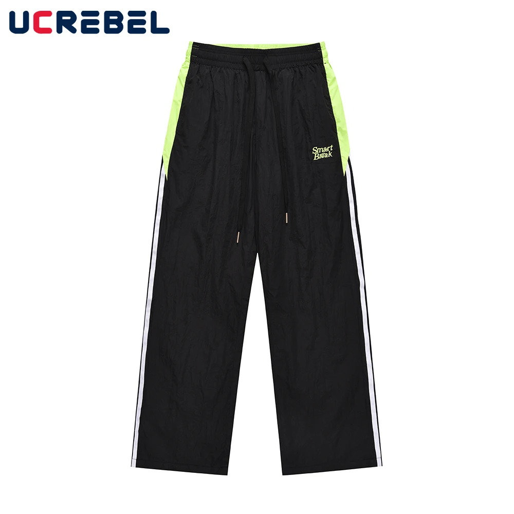 

Contrast Paneled Casual Pants Mens Streetwear Letter Embroidery Loose Elastic Waist Straight-leg Pants