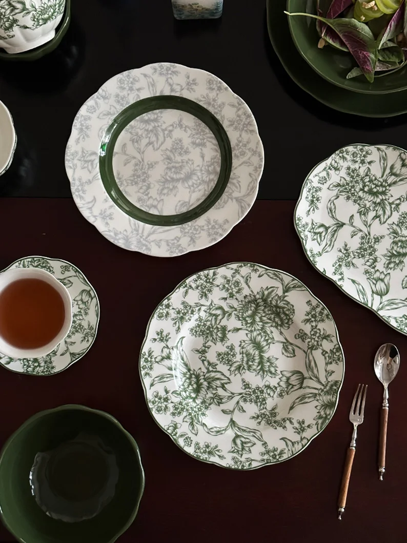 フランス風レトロ陶器食器セット グリーン＆ホワイト 電子レンジ・食洗機OK レトロなグリーンセラミック食器セット,フランス風,熱帯雨林