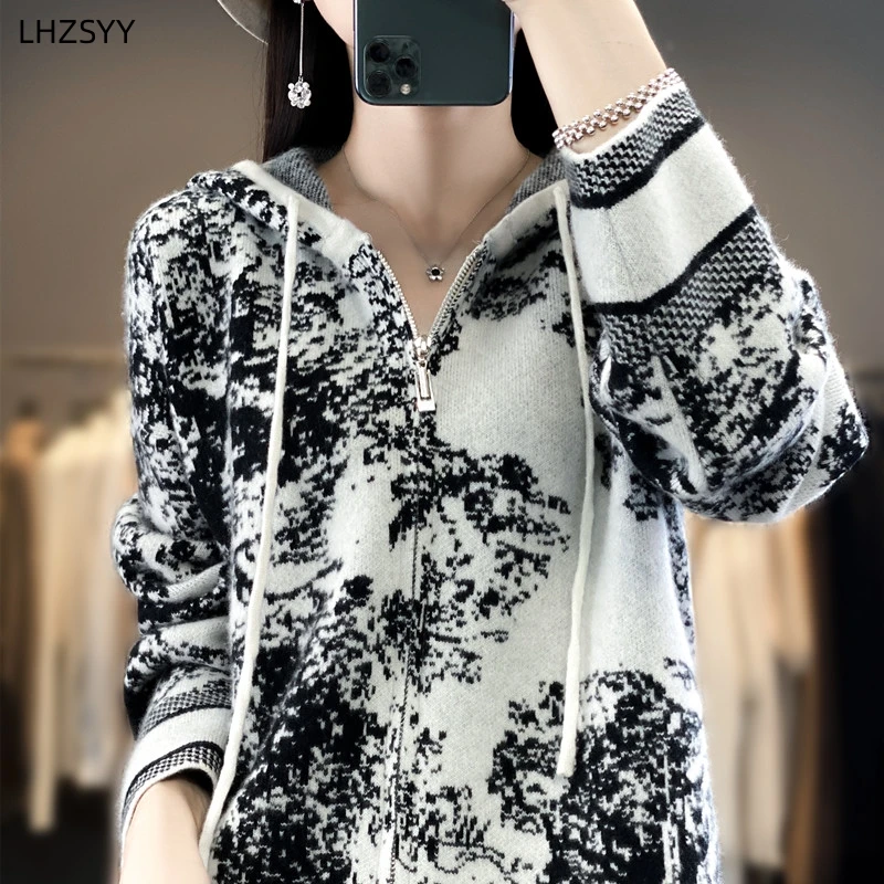 LHZSYY 여성용 후드 캐시미어 스웨터, 지퍼 니트 가디건, 가을 겨울, 신상 그래피티 코트, 따뜻한 라지 사이즈 셔츠, 숙녀 재킷