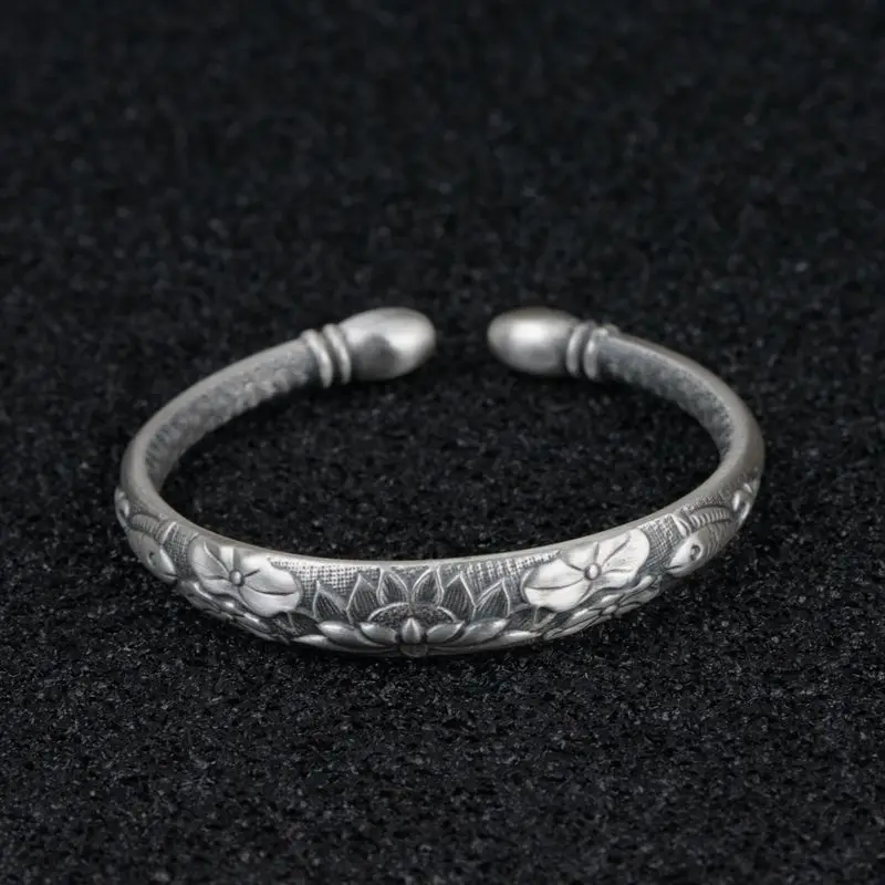 Tibetan Six Words Mantra Vintage Silver Bangles for Women