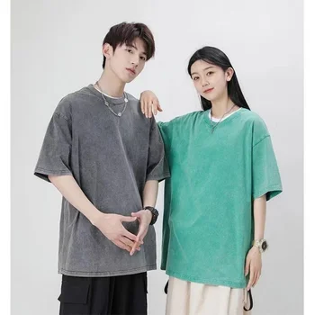 230g 100% Cotton Retro Punk T-shirt Drop Shoulder Sleeve Men Women Vintage Short Sleeved T Shirts Solid Color Hip Hop Loose Tees