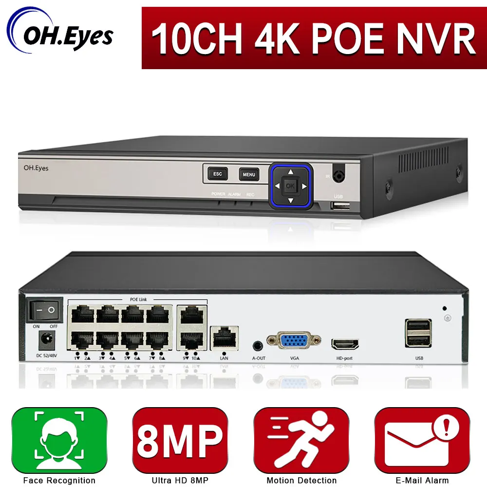

CCTV 4K 8MP Security Camera NVR System 10CH POE NVR Recorder H.265 Face Detection 8+2Channel Network Surveillance Video Recorder