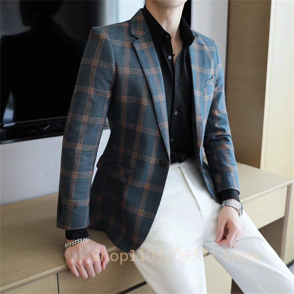Top Quality Business Slim Fit Mens Plaid Blazer Jacket 2024