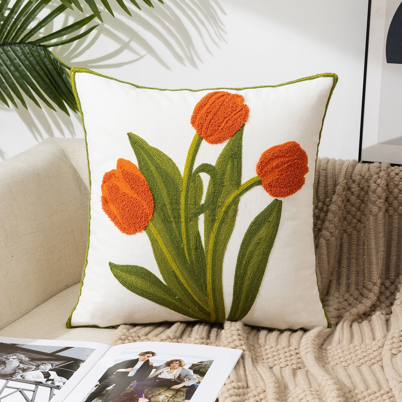 Rustic Floral Embroidered Canvas Cushion Cover