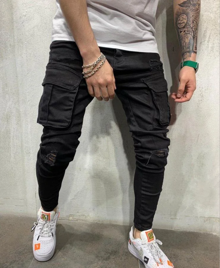 Pantalones vaqueros de trabajo de mezclilla de alta calidad para hombre, con múltiples bolsillos y agujeros, elásticos y pernera estrecha._voghion.com