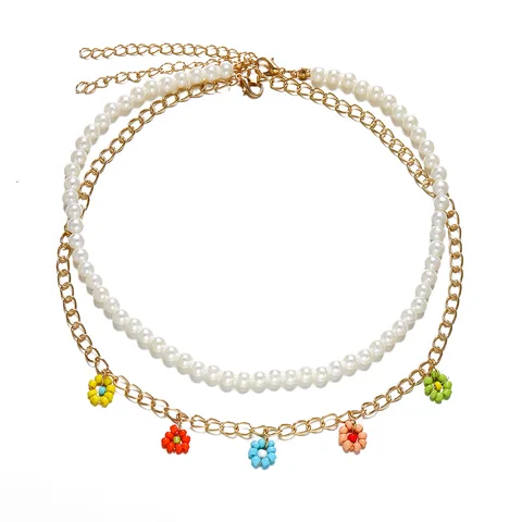 GAIRU 2022 New Creative Simple Temperament Ladies Jewelry Bohemian Pearl Flower Rice Bead Necklace Two-piece Set