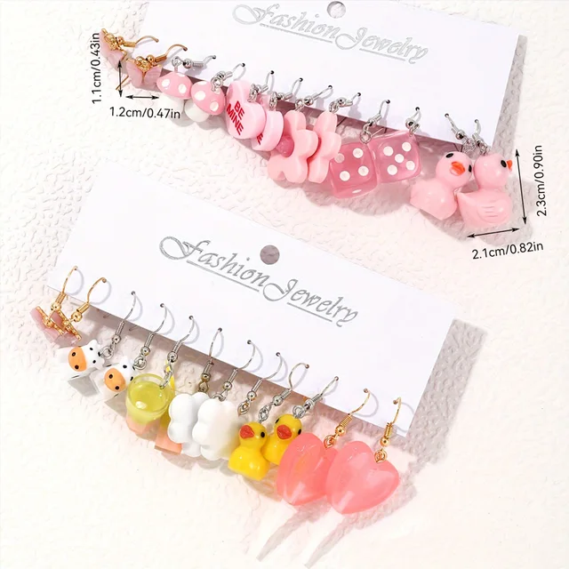 12 Pairs/ Set Cute Cartoon Series Dangle Earrings Duck Dice DuckMushroom Butterfly Cow Design Ear Jewelry Female Gift 5