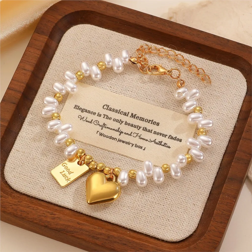 2pcs/Set Lucky Love Square Card Lucky Letter Pendant Jewelry Set for Women Retro Baroque Pearl Necklace Bracelet Jewelry Gifts