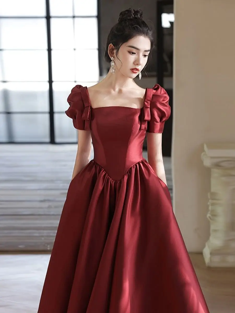 New wine short sleeve lady girl women princess prom evening performance party ball dress gown