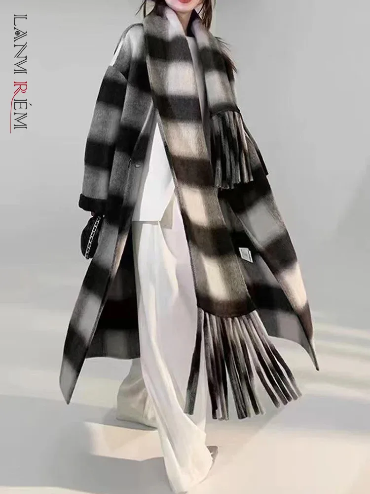 

LANMREM High End Wool Long Coat Women Scarf Collar Checked Contrast Color Clothing Fashion 2023 Winter New Clothing 2AA4121