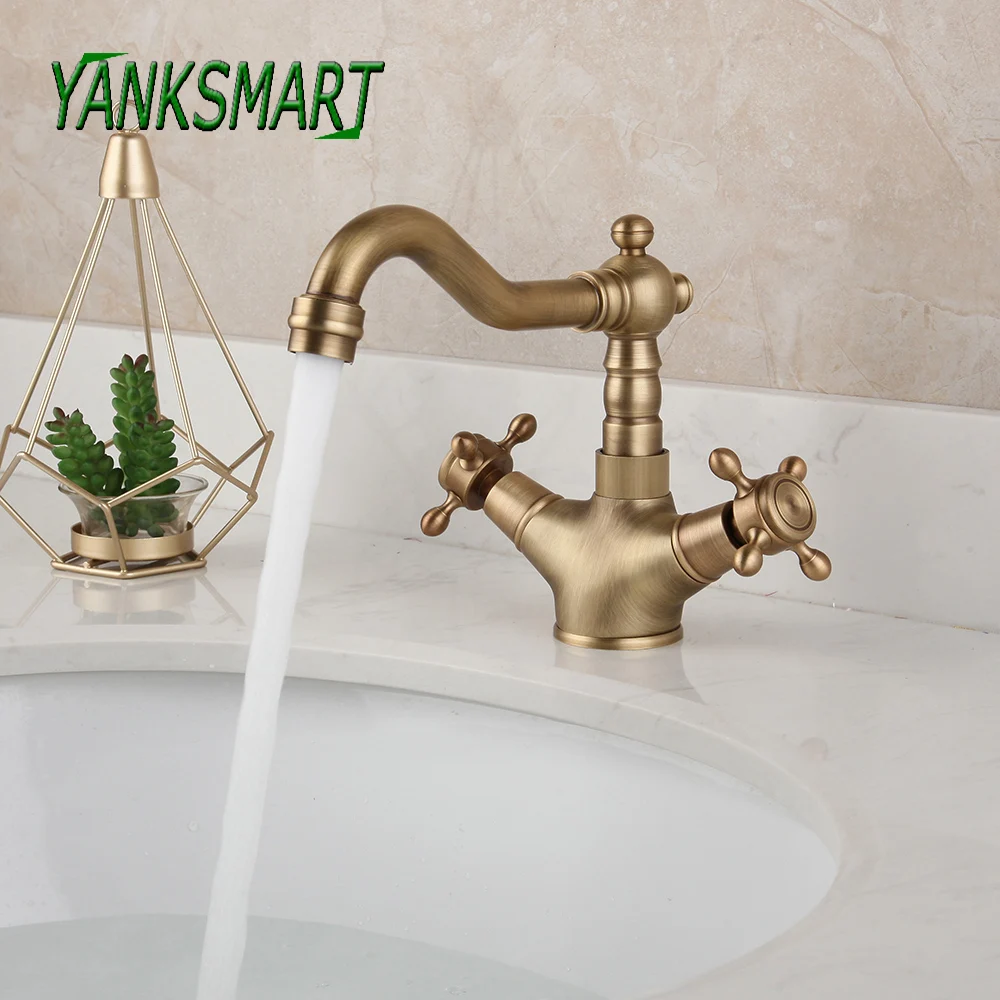 

YANKSMART 360 Swivel Antique Brass Bathroom Faucet Stream Spout Basin Sink Solid Brass Cold And Hot Mixer Tap Vanity Sink Taps