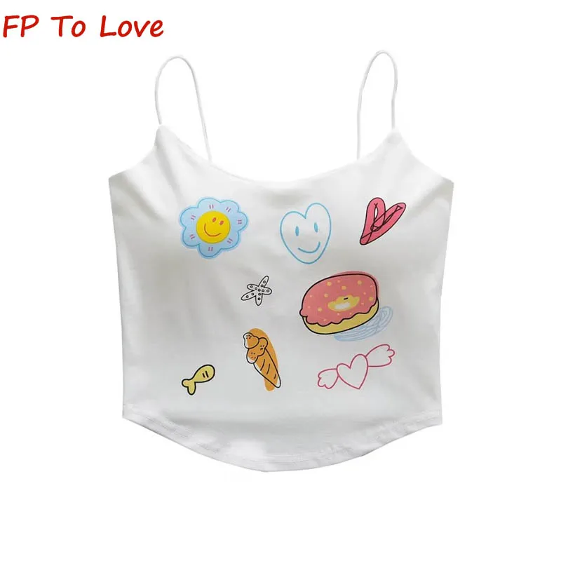 

Y2K подтяжки белые женские с мультяшным принтом граффити Летние милые Спайс девушка короткий внутренний внешний тонкий с нагрудной подкладкой сексуальный топ