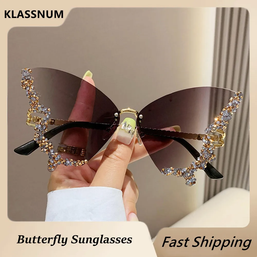 

KLASSNUM Butterfly Diamond Luxury Brand Designer Sunglasses Trendy Fashion Rimless Crystal Sun Glasses Bling Diamond Eyewear