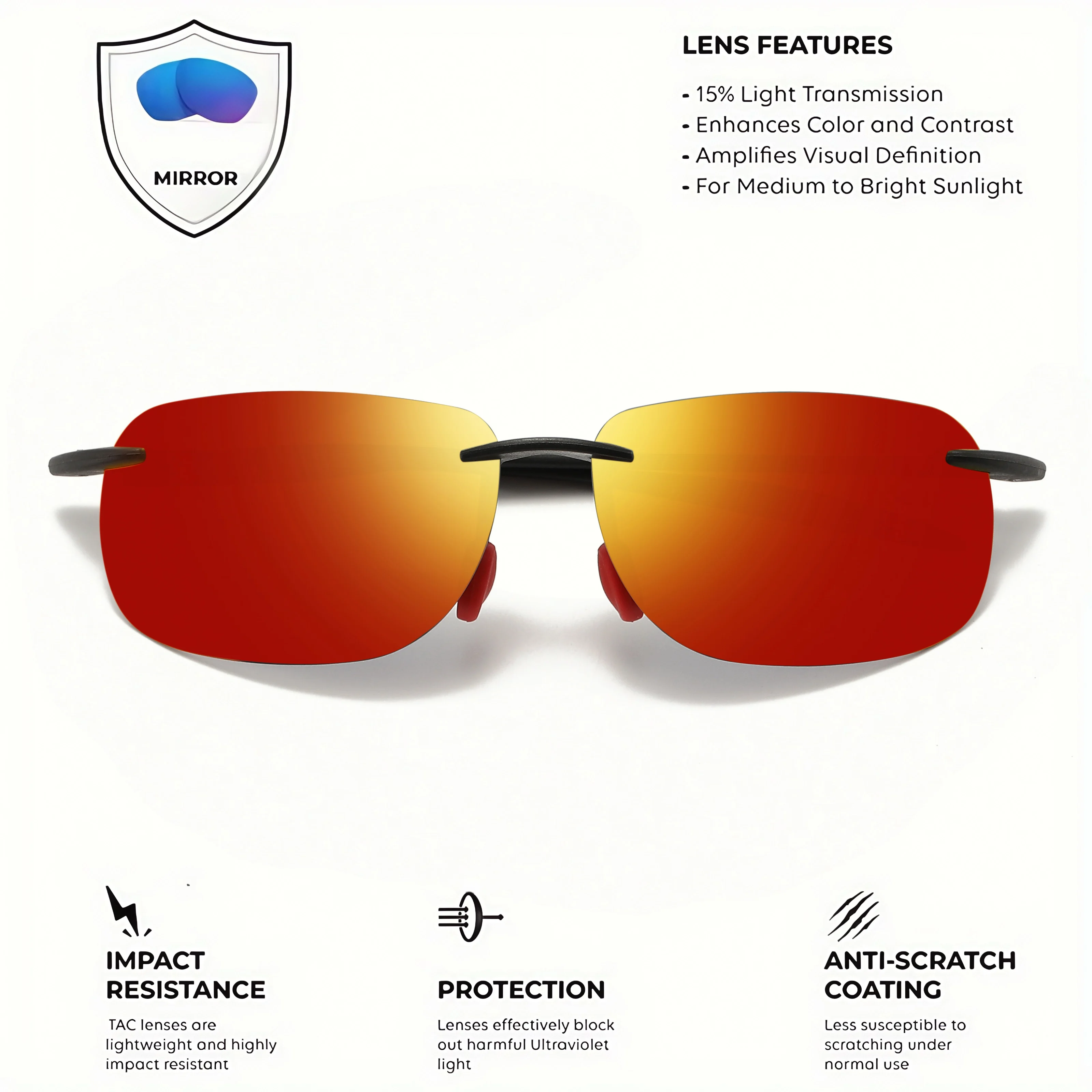 Unisex fishing sunglasses showing mirror polarized lenses.