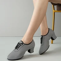 Women  Latin Ballroom Dance Shoes Medium High Heel Soft Sole Breathable Oxford Cloth Houndstooth Dance Shoes 1