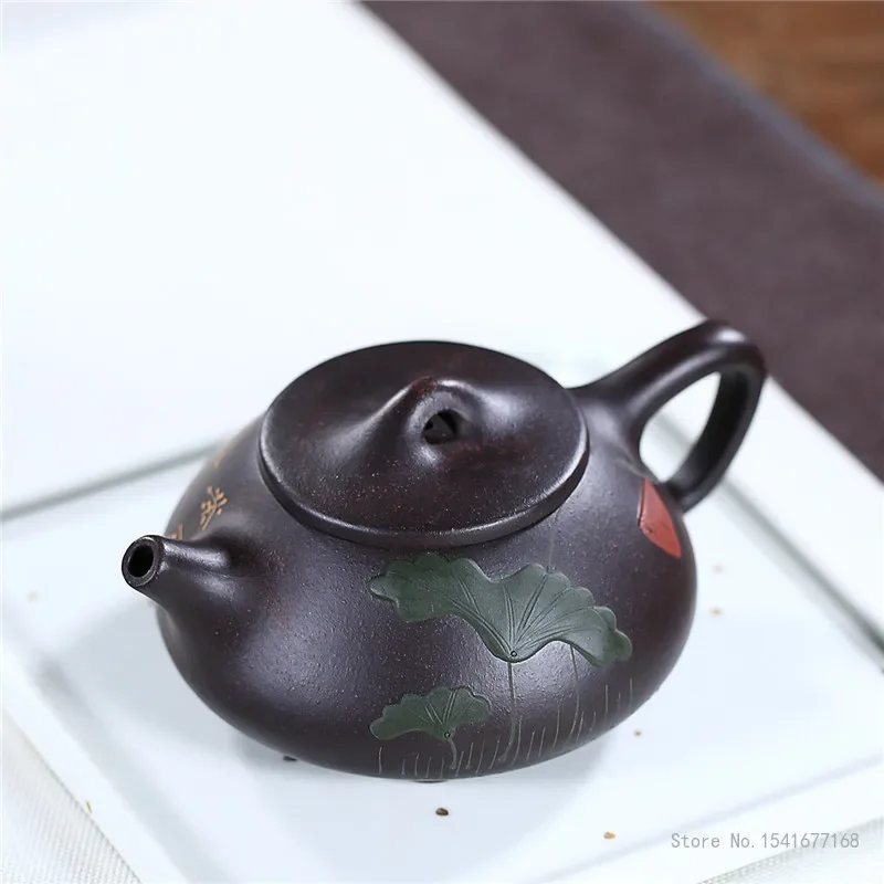 Creative Handmade Chinese Kongfu Lotus leaf pattern Tea Pots, Black gold sand Xishi Yixing Purply Clay Shipiao Teapot 240ml, 1Pc