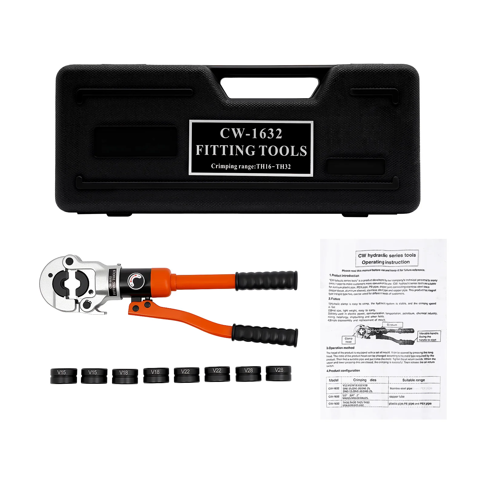 CNCEST Contour Orange Hydraulikzange, Crimpzange V mit 5 Sätzen* Matrizen V12, V15, V18, V22, V28-360 ° Drehbarer Kopf 8T/80KN – Detail 4