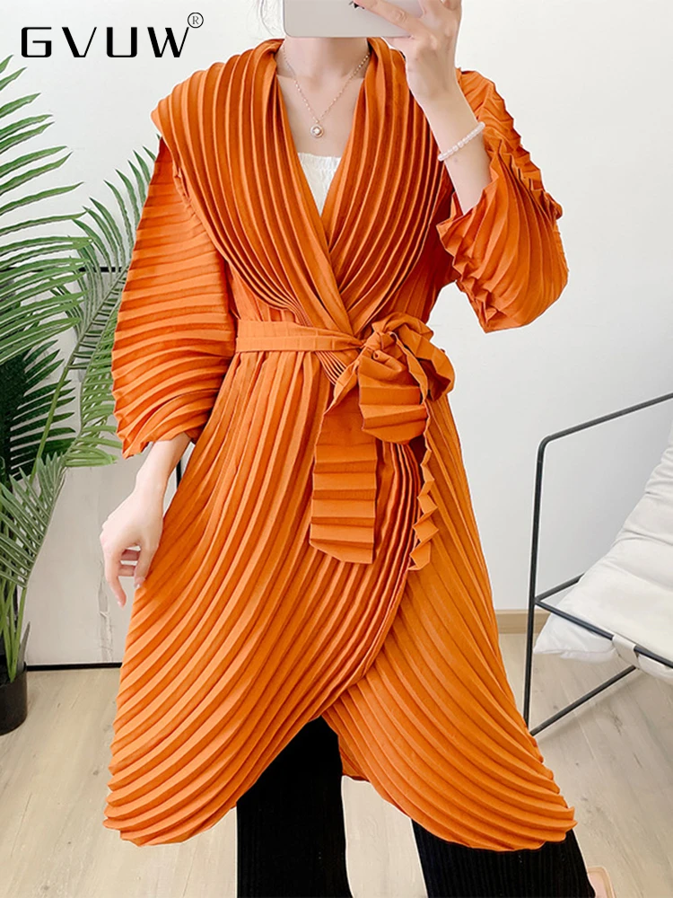 GVUWSoldColorPleatedTrenchCoatWomenOpenStitchBandageIrregular