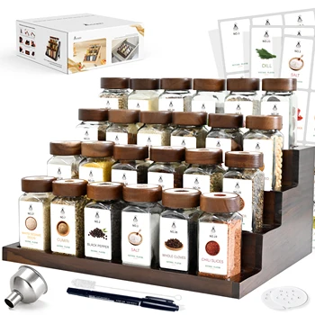 Set di bottiglie di spezie da 24x120 ml con vassoio in legno di acacia 2 in 1 (Fcm ® ), 120 etichette per l'organizzazione della cucina salvaspazio 1