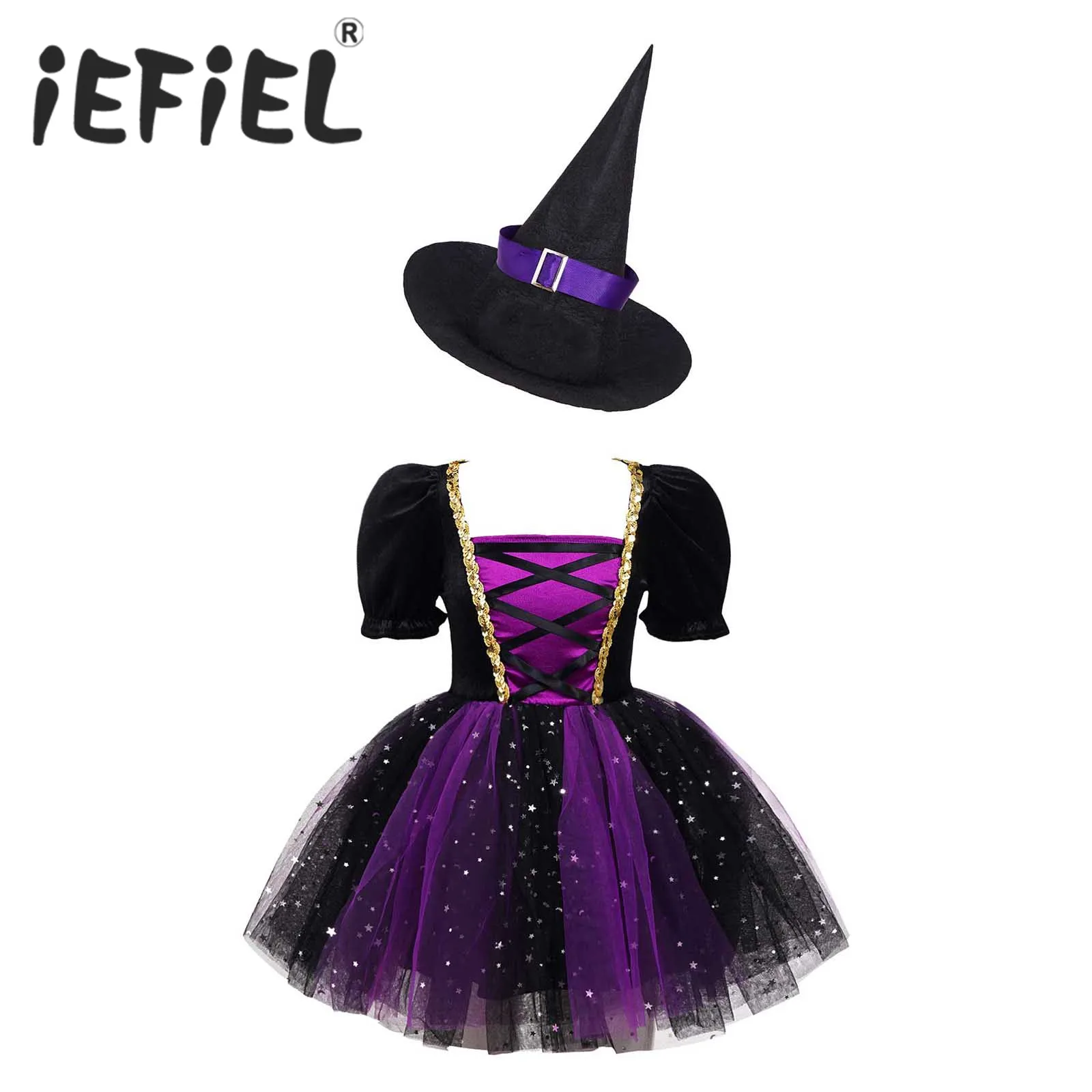 Kids Girls Witch Costume Halloween Cosplay Dress Glittery Mesh Tutu Dress Pointed Hat for Carnival Party