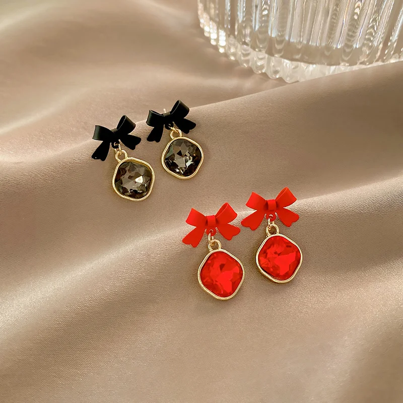 Crystal Stud Earrings Gold Color Bowknot Cube Square For Women