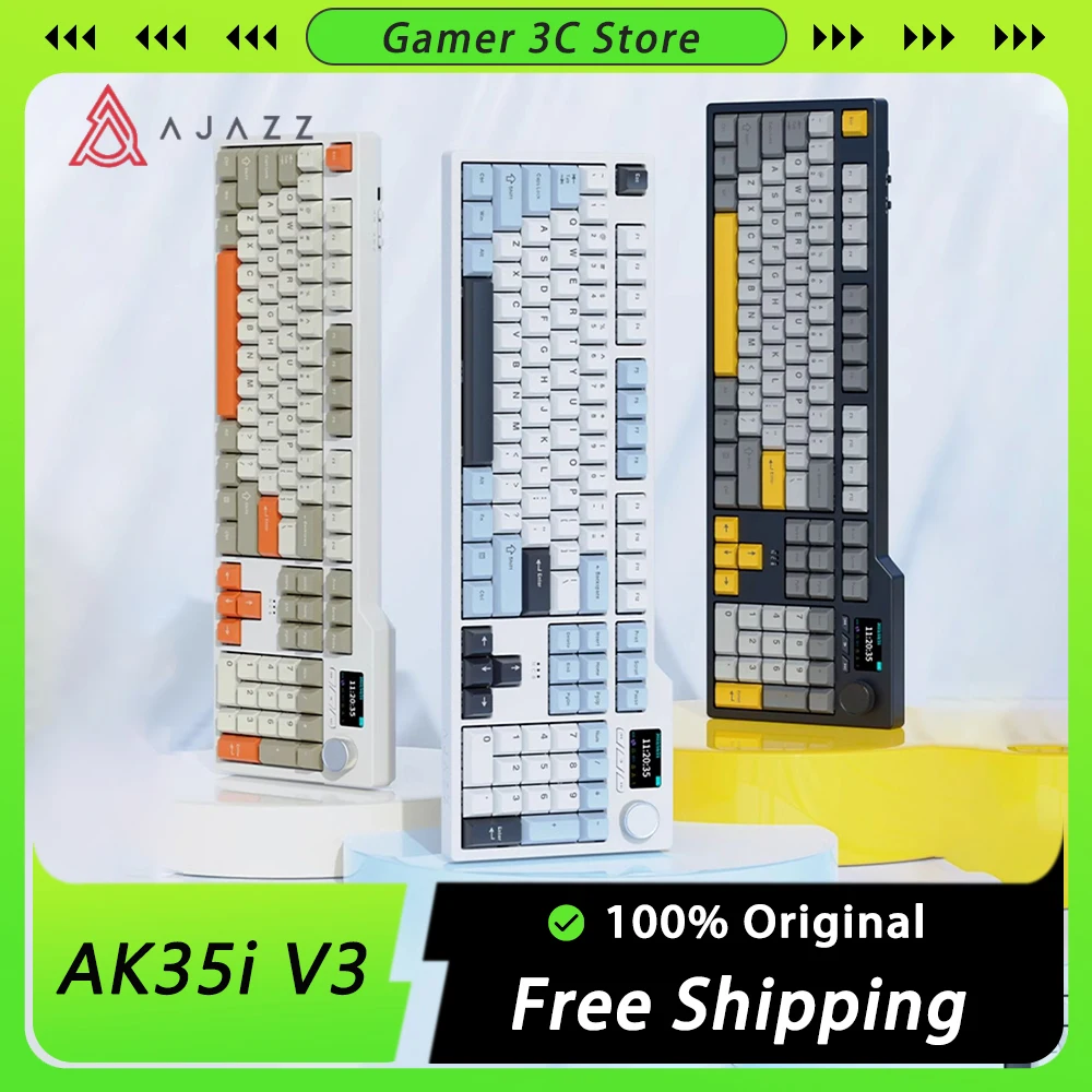 

Клавиатура Ajazz AK35i V3 Беспроводная механическая, игровая с тремя режимами, многофункциональная ручка, функция горячей замены, пользовательский экран, для ПК, подарок для любителей игр