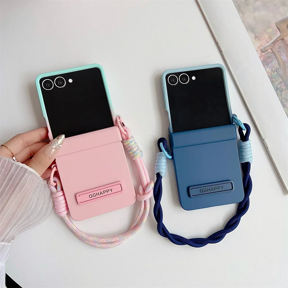 Gradient Candy Color Phone Case with Wrist Strap and Hinge Protection