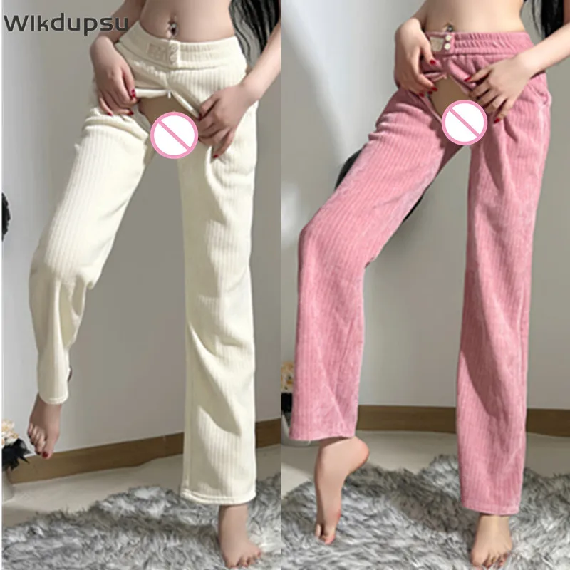Woman Sexy Open Crotch Pants Winter Warm Hidden Zippers Public  