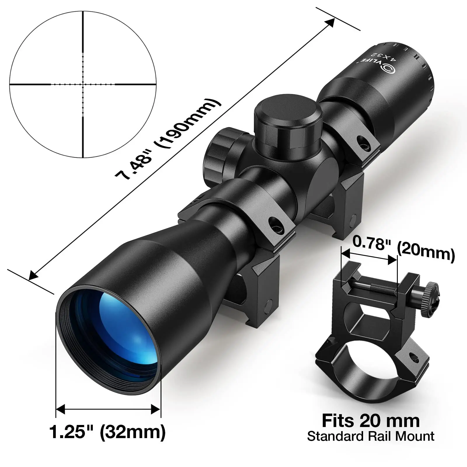 Rifle Scope MidTen 4x32 Compact Crosshair Optics with 20mm Free Mounts Telescope Rail