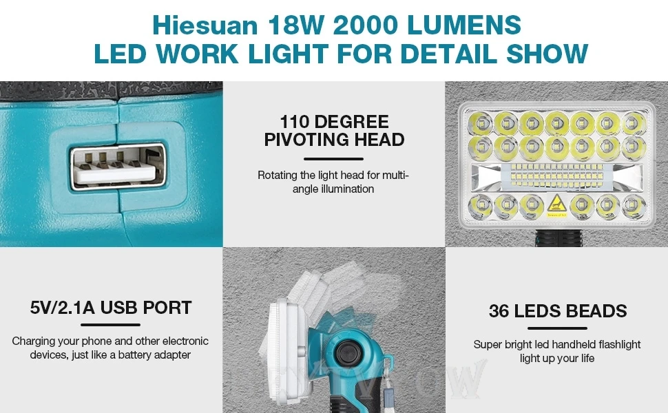 Cordless 2000LM Floodlight for Makita 14.4-18V Battery 18W LED Work Light Flashl