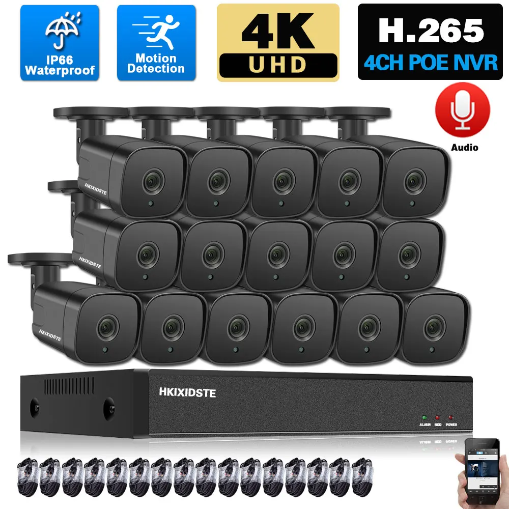 

16-канальный POE камера видеонаблюдения системы безопасности 4K POE NVR Kit 8MP IP Bullet Camera Set Black Audio Система видеонаблюдения 8CH