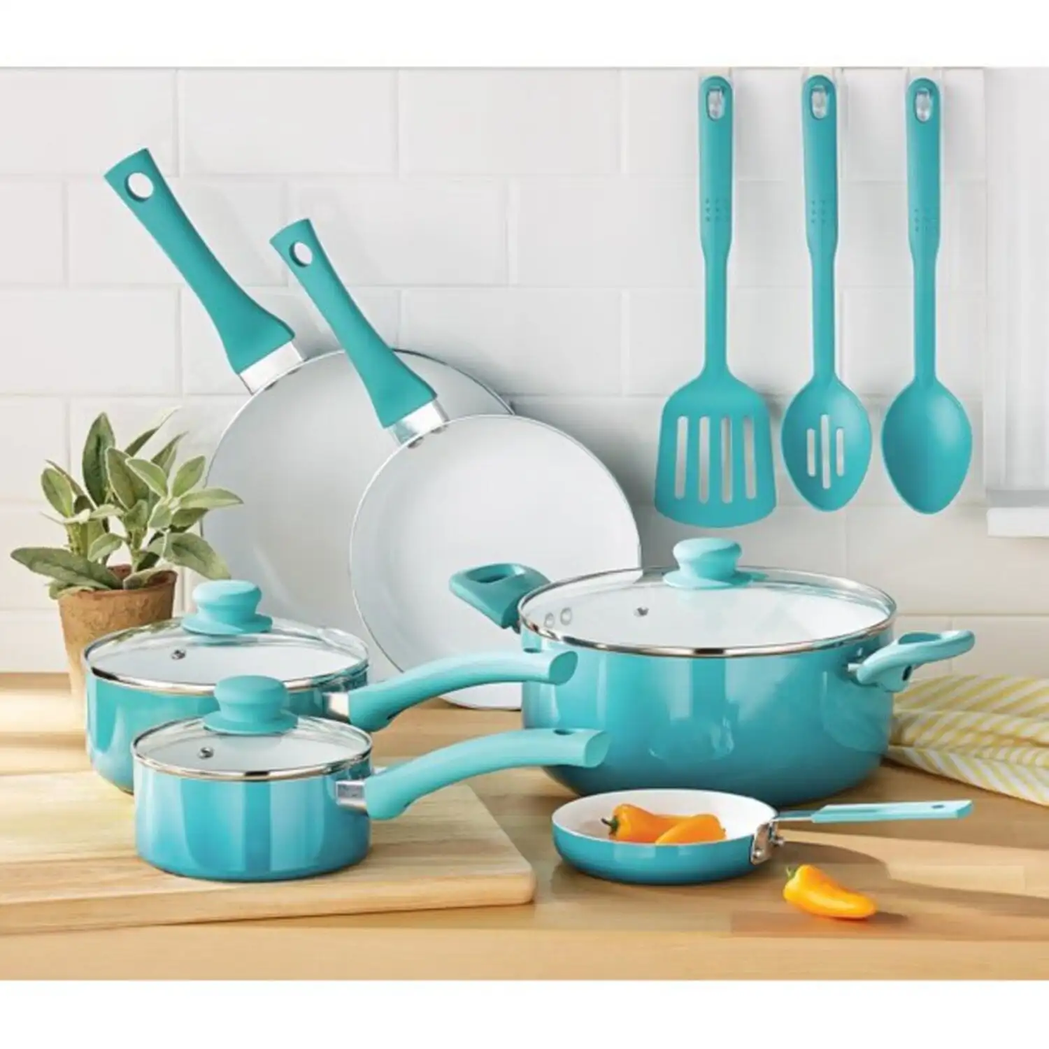 

Ceramic Nonstick 12 Piece Cookware Set, Teal Ombre, Hand Wash Only Kitchen Cooking Pots and Pans Cookware