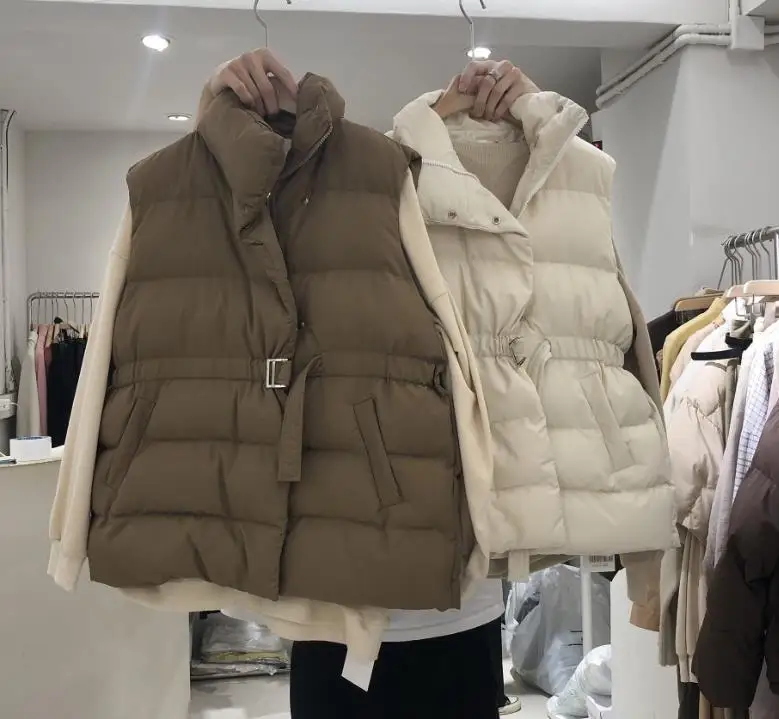 2022 autumn winter new down jacket solid color drawstring waist slimming stand collar sleeveless down vest jacket women