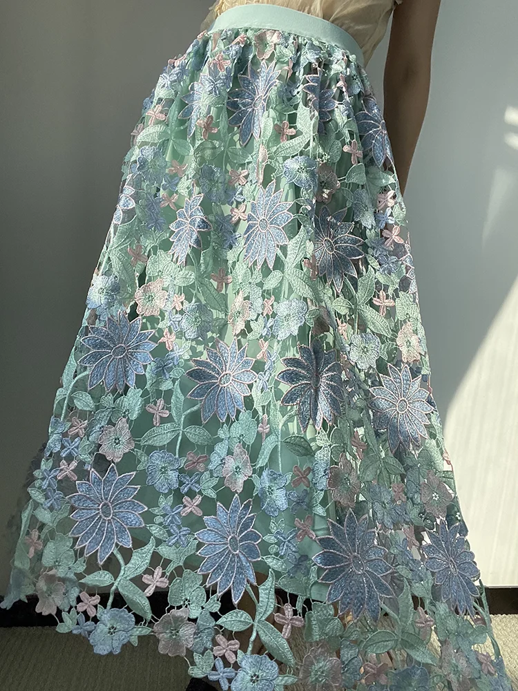 JIAMI Hollow Embroidery Vintage Long Skirt High Quality Flower Luxury Skirt Large Hem Elegant Party Fairy Style Women Clothes