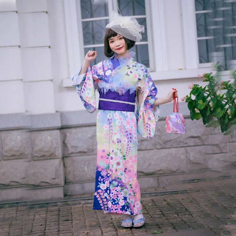 Women Japanese Traditional Kimono Modified Kimono Full Set 140CM Purple Color 9pcs/Set Portrait Photography Travel