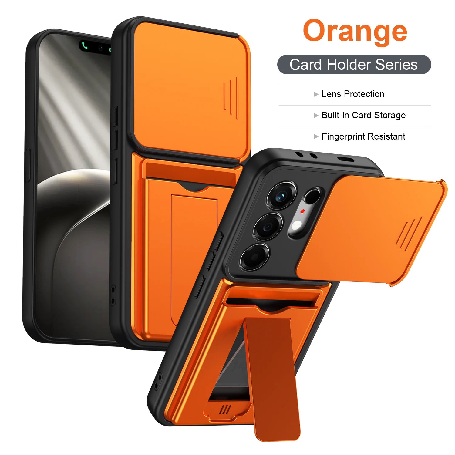 Enhanced Shockproof Armor Phone Case with Slide Lens Cover, Card Holder, and Kickstand