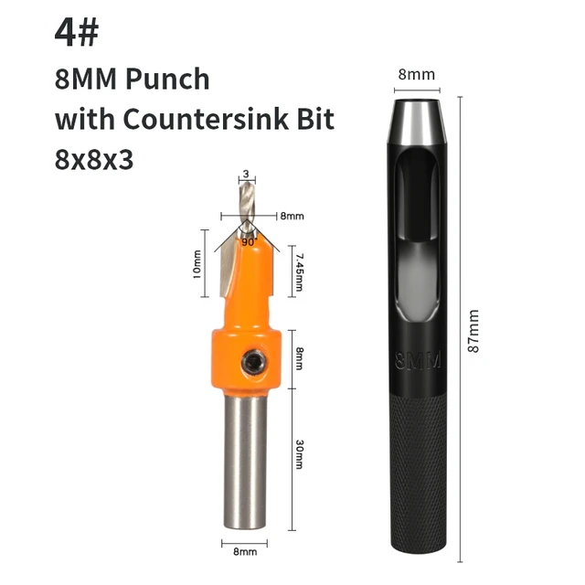 YUSUN 2PCS 8MM Shank Countersink with Punch Router Bit Woodworking Milling Cutter For Wood Face Mill 8x8x3.0with Punch